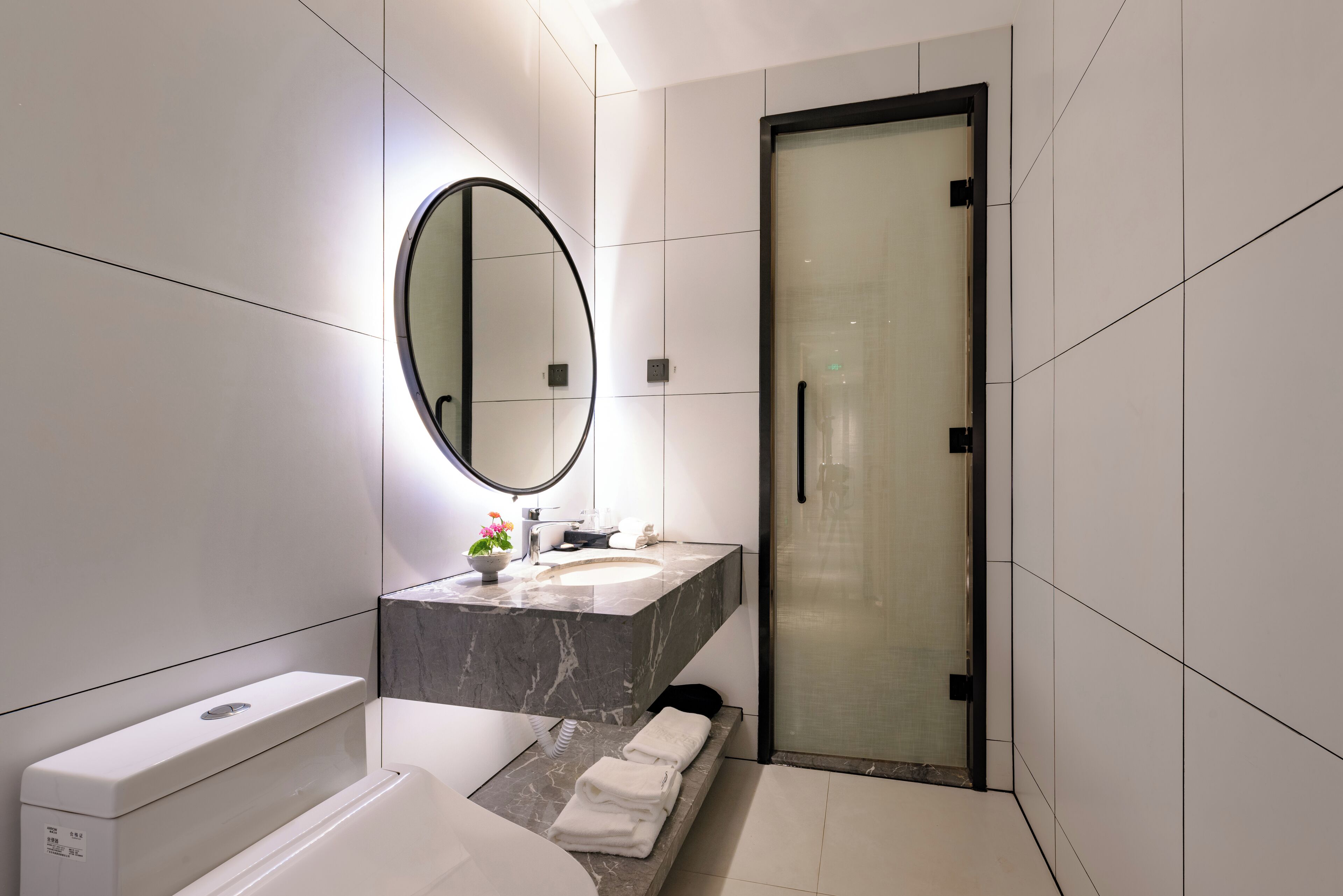 Un bagno moderno con lavabo in marmo, uno specchio grande, cabina doccia in vetro e un water.