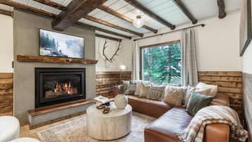 Smart TV, chimenea y libros