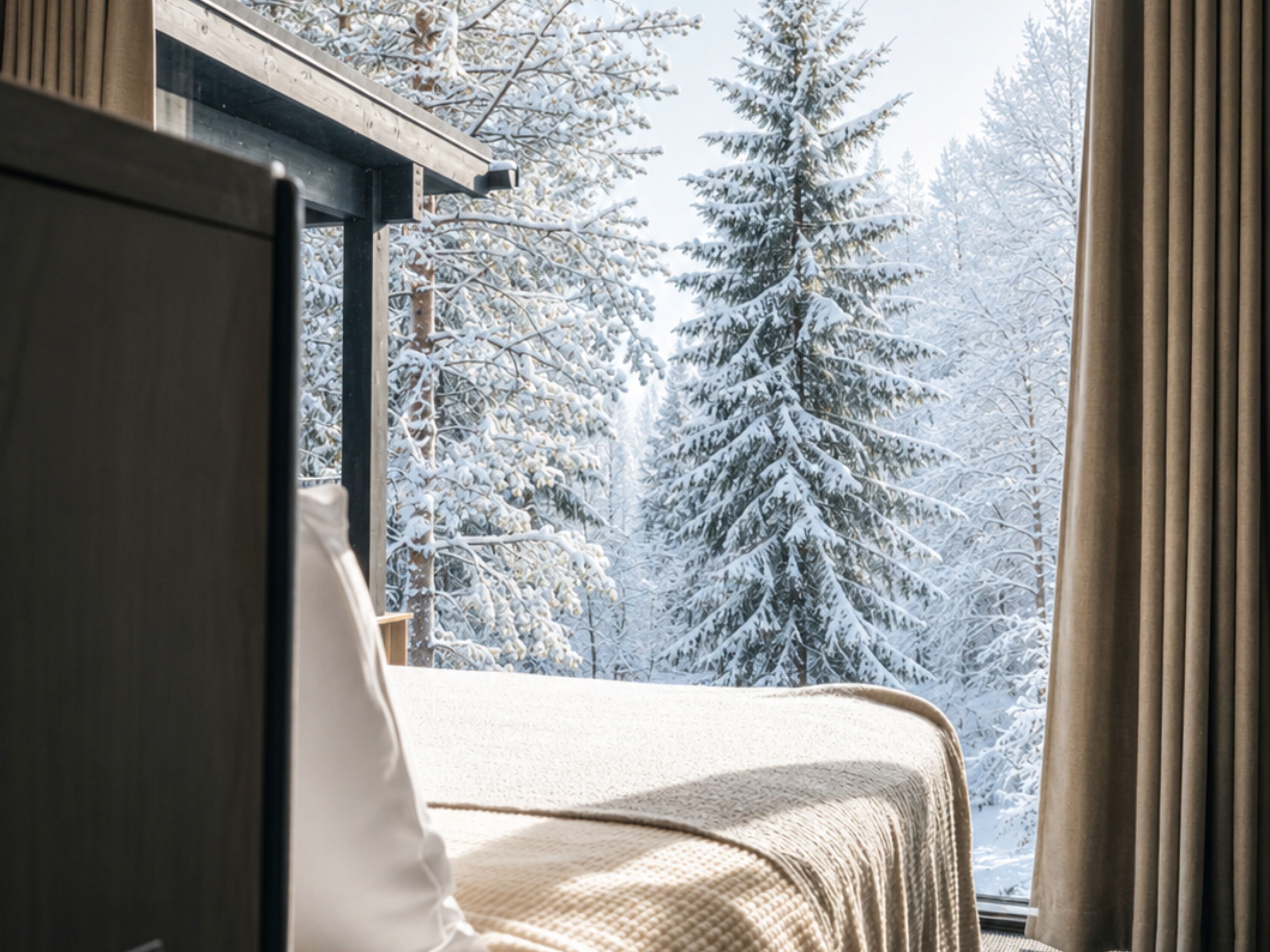 Una habitación con cama, ventana y vistas a árboles nevados.