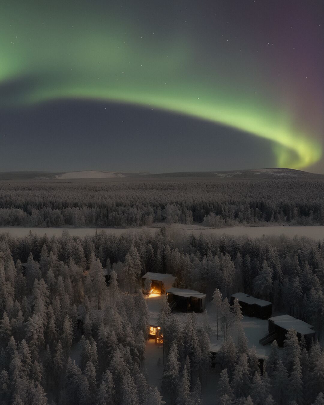 Une cabane isolée, entourée d’une forêt dense, et dans le ciel, on peut observer une magnifique aurore boréale.
