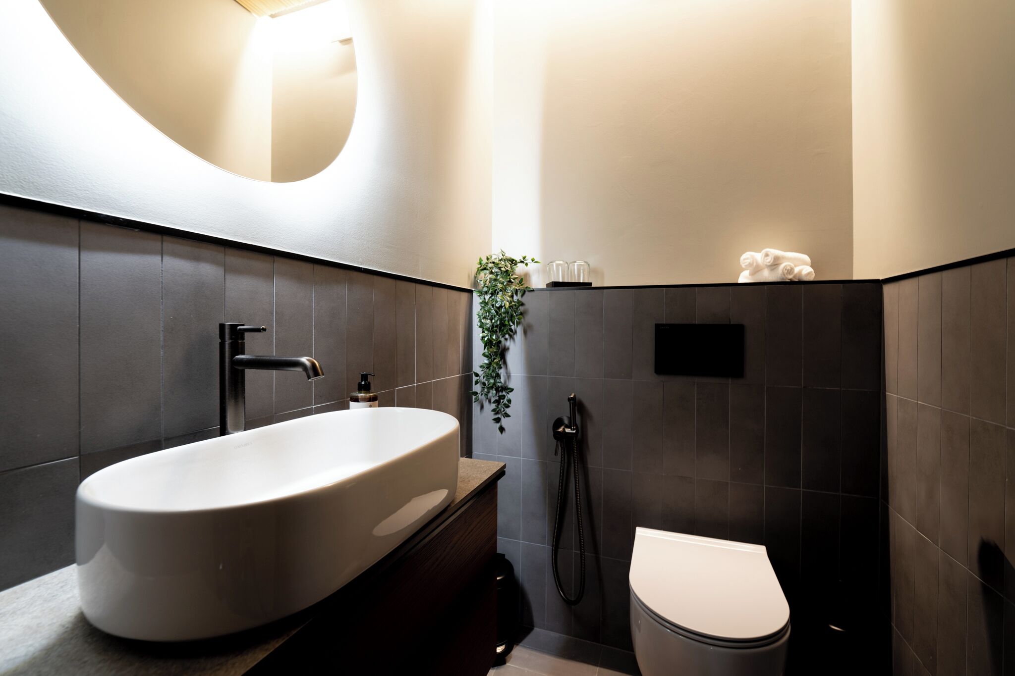 A modern bathroom with a large oval sink, a toilet, and a shower area.