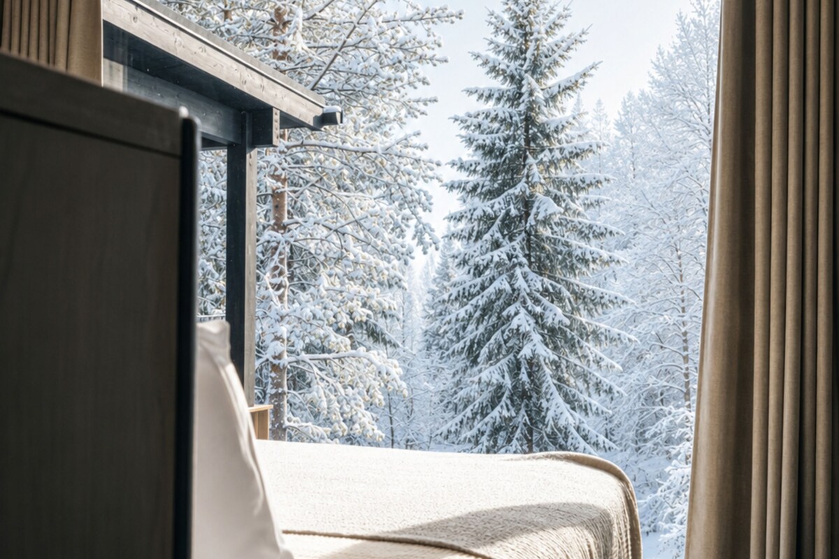 Una habitación con cama, ventana y vistas a árboles nevados.