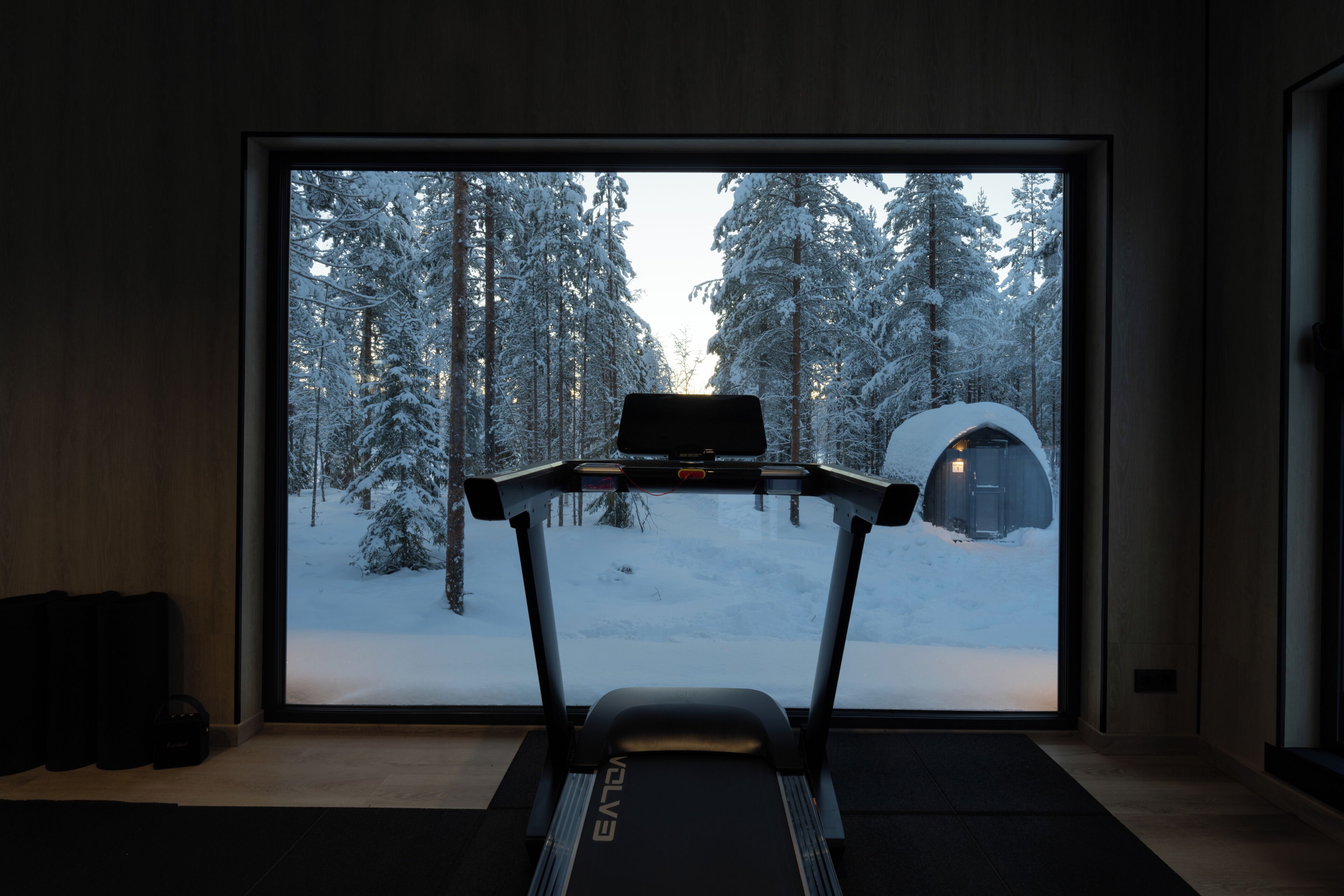 Juoksumatto huoneessa, jossa on suuri ikkuna, josta avautuu näkymä lumiseen metsään.
