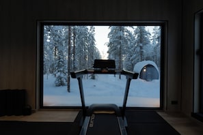 Una cinta de correr en una habitación con un ventanal que da a un bosque nevado.