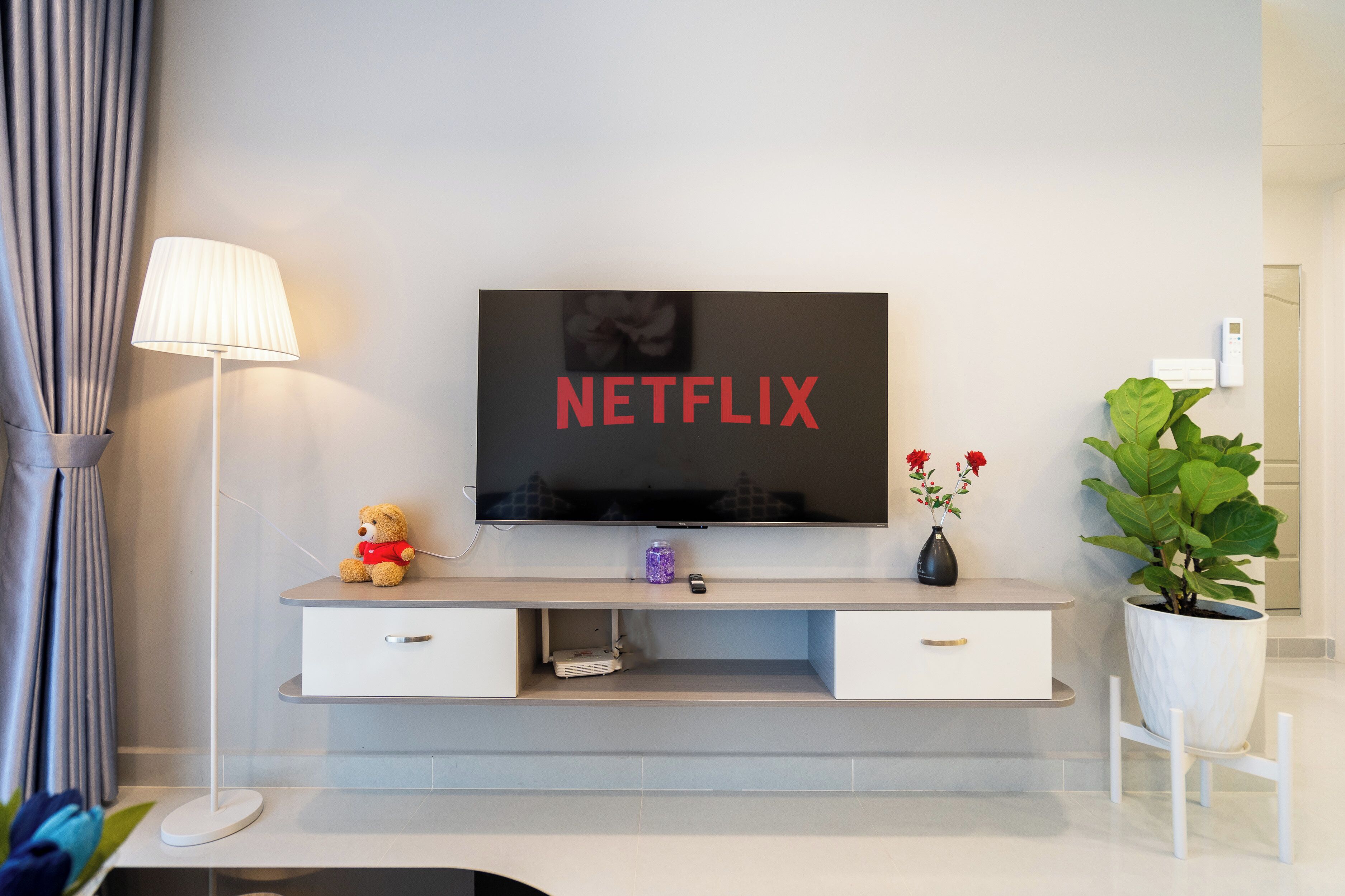 A modern living room with a flat-screen TV displaying "NETFLIX" on the screen, a small teddy bear, a lamp, and a potted plant.