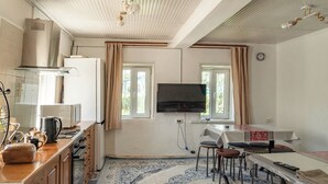 A compact kitchen with a stove, microwave, and a TV mounted on the wall. There is a dining area with a table and chairs, and a patterned rug on the floor. - Camping Yard Hostel Karakol (Karakol)