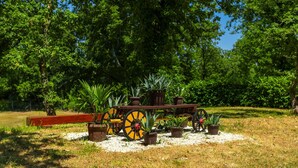 Un jardín con un carro de madera, plantas en macetas y un banco.