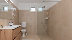 Shower, hair dryer, towels