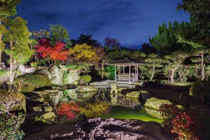 A tranquil garden with a gazebo, reflecting pool, and various trees.