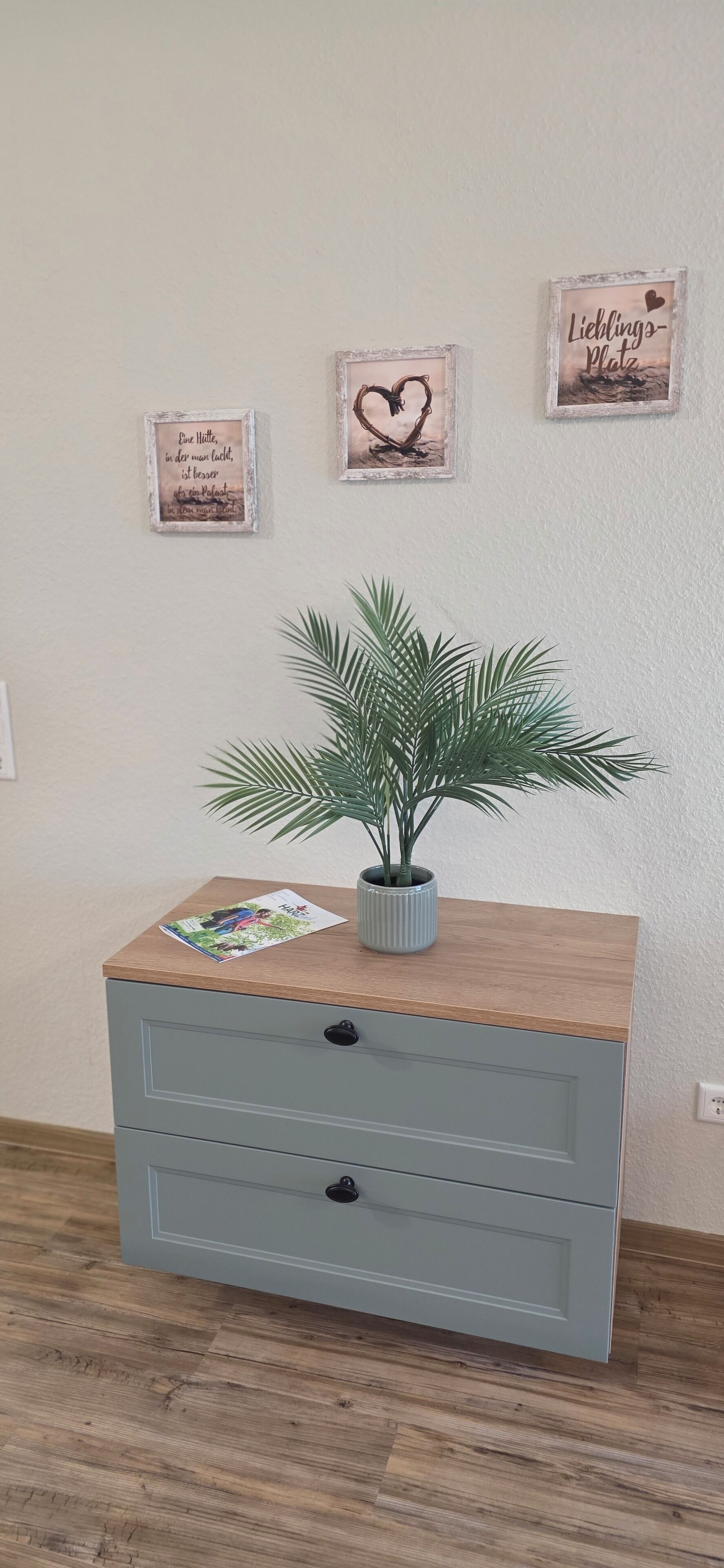 A room with a wooden cabinet, a small potted plant, and three framed pictures on the wall.