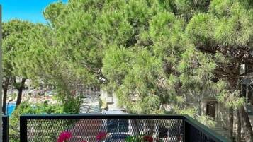 A balcony with a view of dense green trees and a clear blue sky.