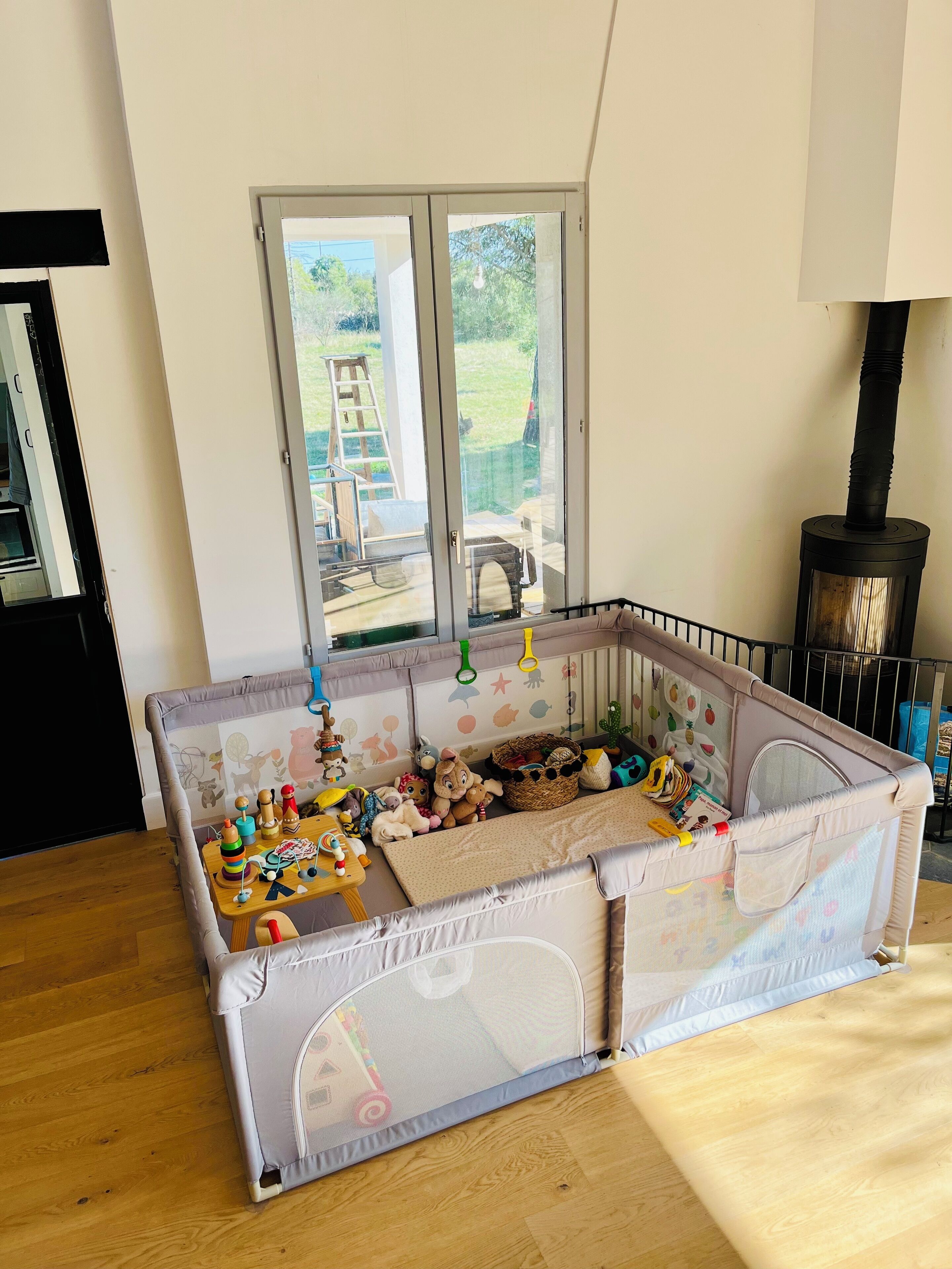 A playpen with toys and books, a window with a view of the outdoors, and a fireplace.
