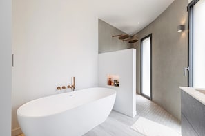 Hair dryer, towels, soap, toilet paper