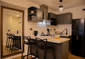 Fridge, microwave, oven, stovetop