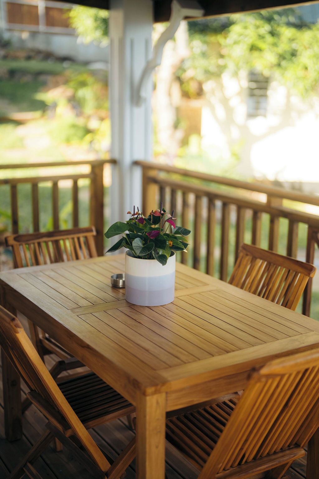 A wooden table with chairs on a porch, a potted plant, and a view of greenery in the background.