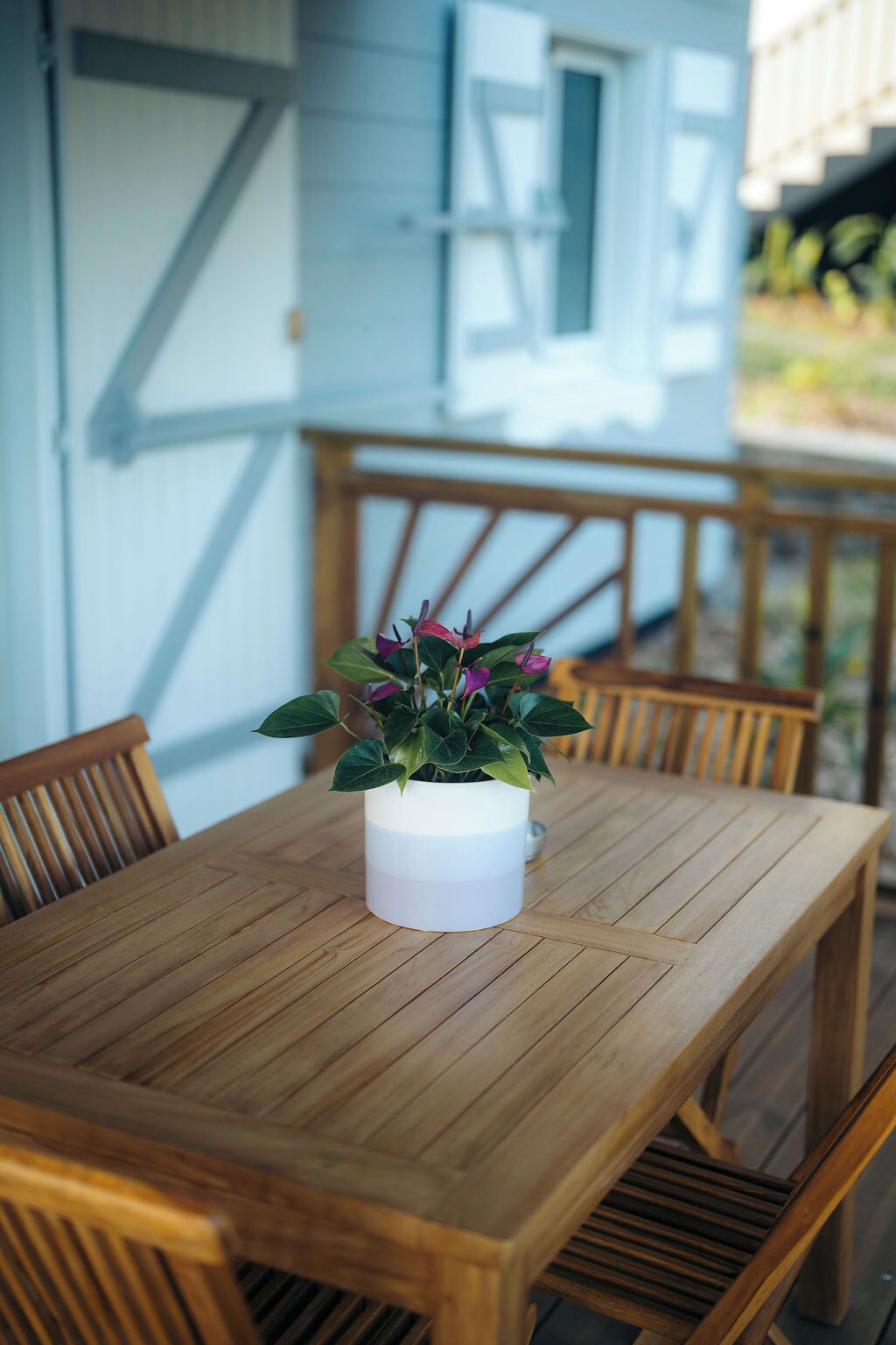 Ein Holztisch mit einem weißen Topf voller lila Blumen.