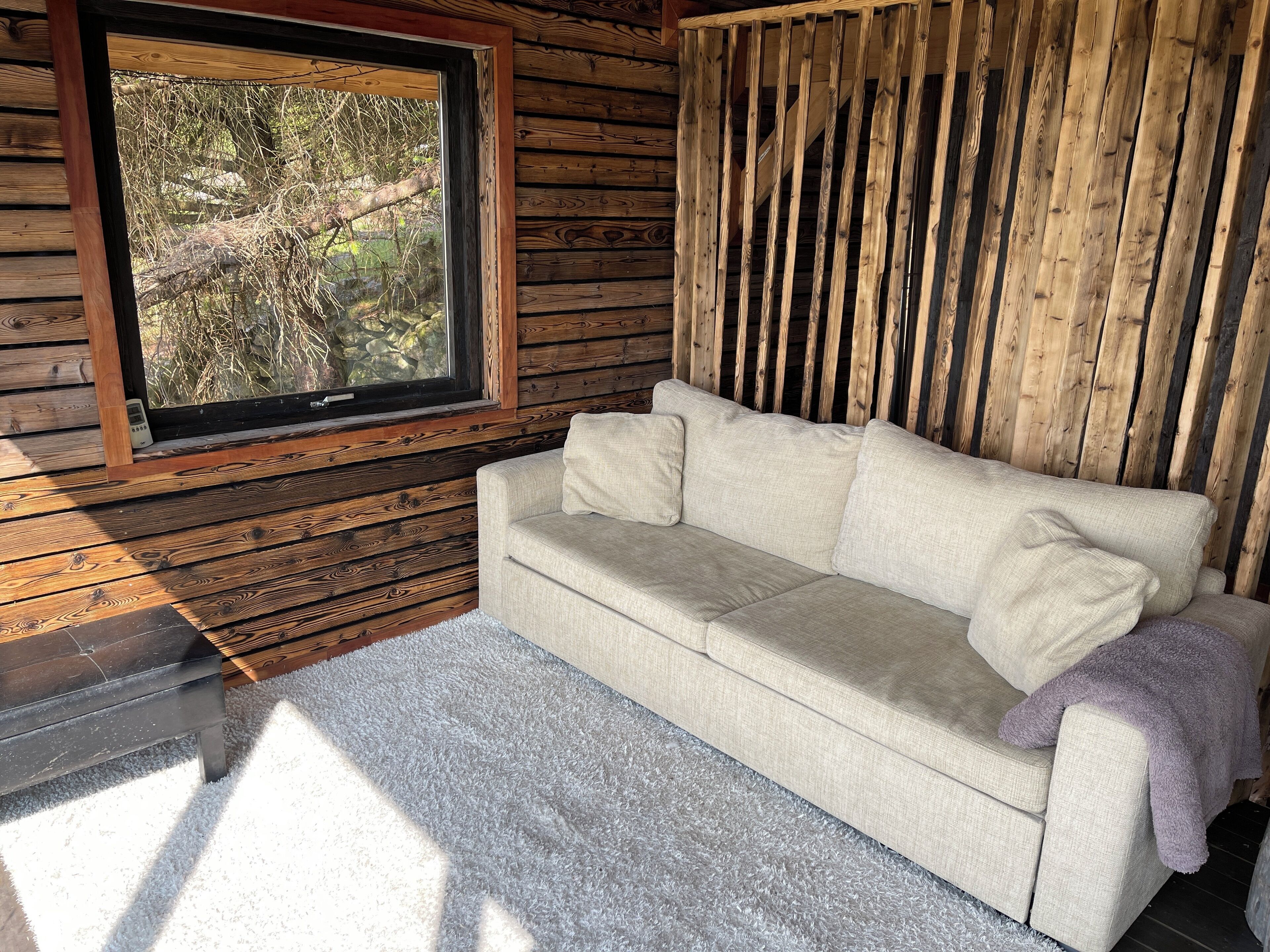 Un interior de cabaña acogedor con un sofá color crema, una ventana con vistas a un paisaje natural y paredes de madera.