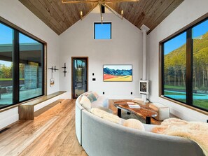 スマートテレビ、暖炉、書庫、ステレオ