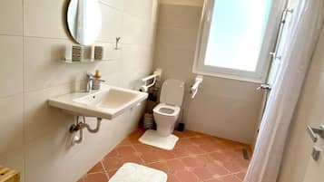 Shower, bidet, towels, soap