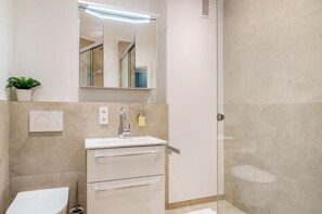 Shower, hair dryer, towels