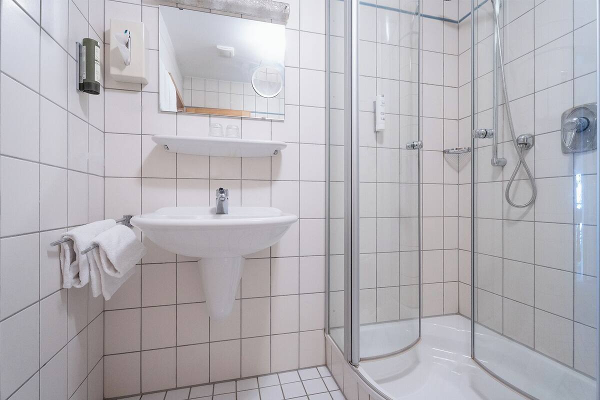 Un bany modern amb un mànec blanc, un mirall i un pavelló de dutxa de vidre.