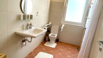 Shower, hair dryer, bidet, towels