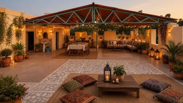An outdoor patio area with a covered seating area, potted plants, and a table with cushions. - Hotel Robin Jaisalmer (Jaisalmer)