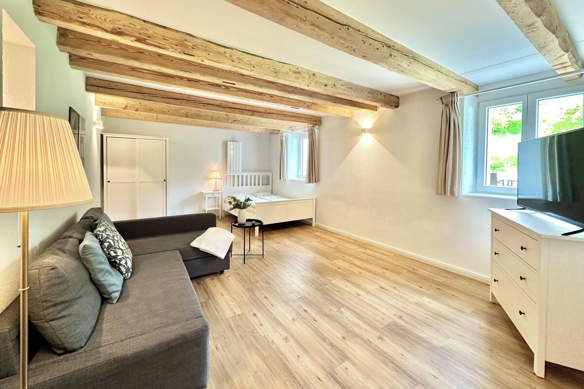 Ein modernes Wohnzimmer mit freiliegenden Holzbalken, einem grauen Sofa, einem kleinen Beistelltisch, einer weißen Kommode und einem Fernseher auf einer Träne.