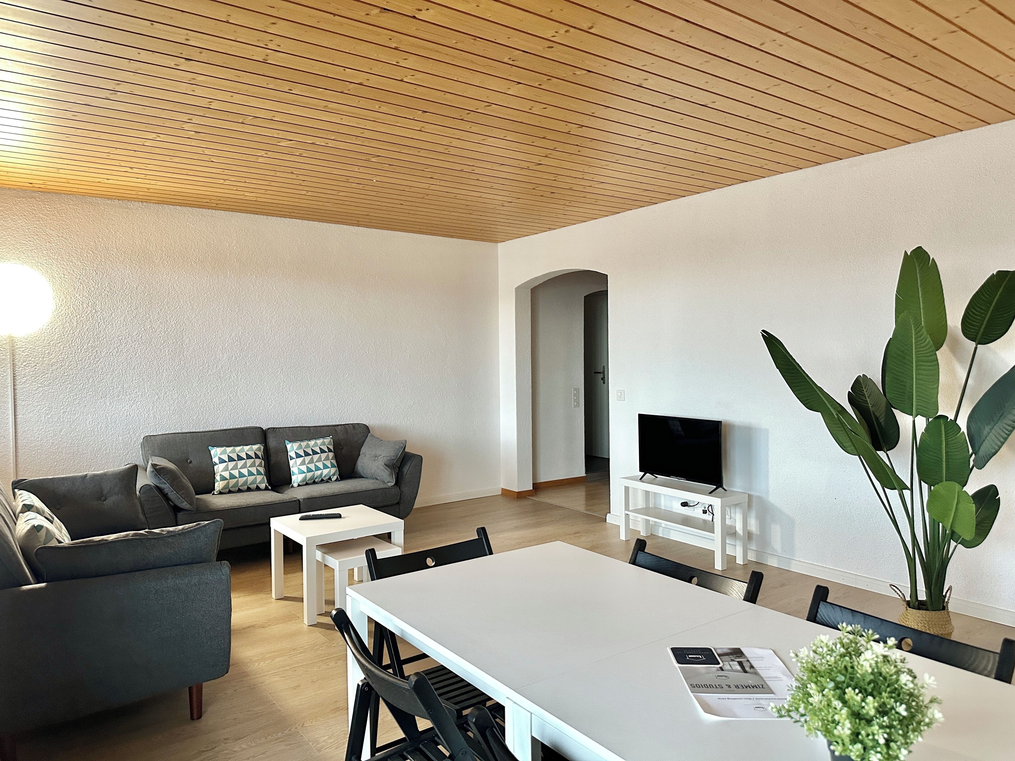 A modern living room with a sofa, coffee table, dining table, and chairs. There is a TV on a stand and a large plant on the wall.