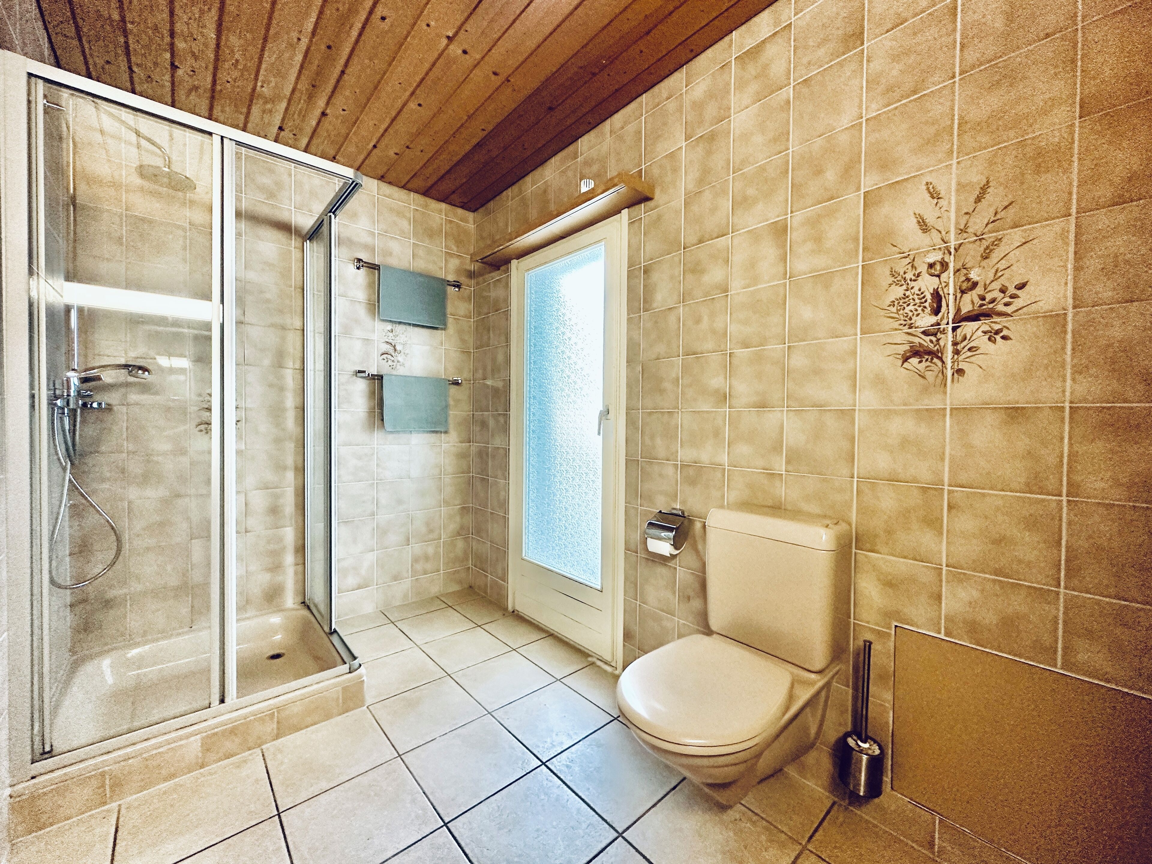 Une salle de bain avec une douche à parois de verre, des toilettes et un lavabo.