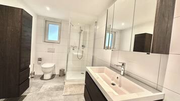 Une salle de bain moderne avec une douche à l’italienne, un grand meuble-lavabo et des toilettes.