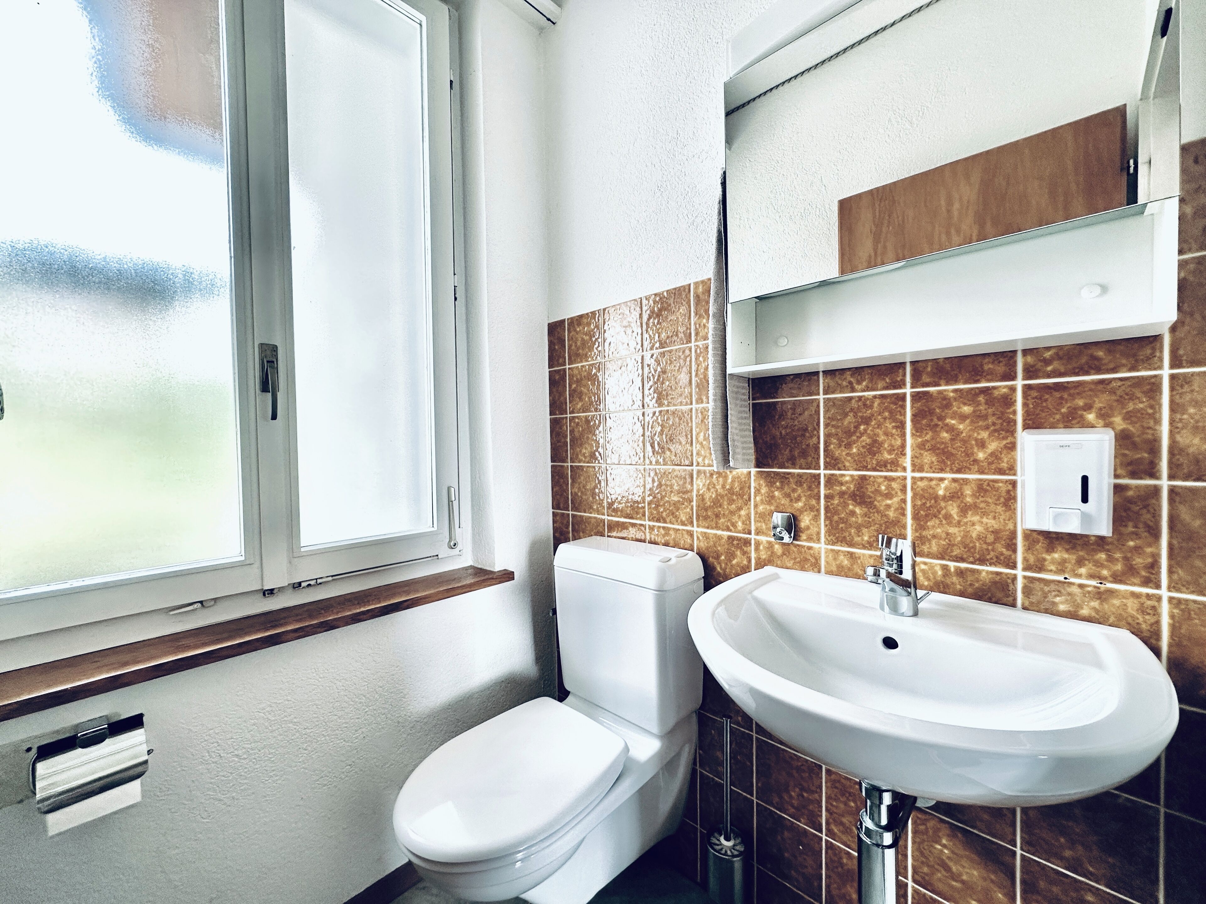 A bathroom with a toilet, sink, and window.