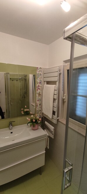 Dusche, Haartrockner, Handtücher, Seife