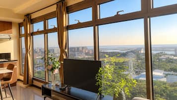 A modern hotel room with a large window, a flat-screen TV, a dining area, and a plant.