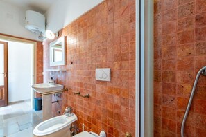 Shower, bidet, towels, shampoo