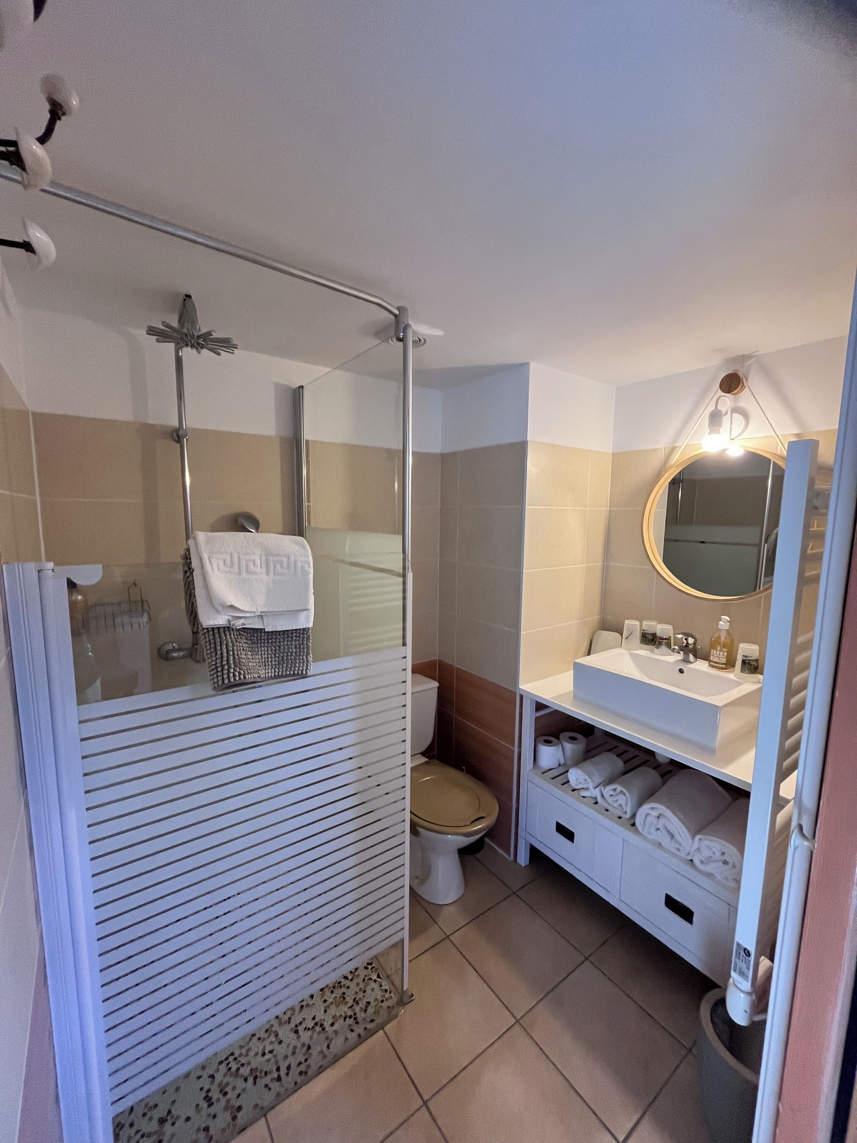 Une salle de bain avec une douche à parois de verre, des toilettes, un lavabo avec un miroir et un porte-serviettes.