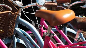 Une rangée de vélos est garée, les uns contre les autres.