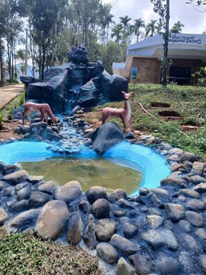 A pond with deer statues, surrounded by rocks and greenery, with a building labeled "View Point Vayanad Resort" in the background. - View Point Wayanad Resort (Mananthavady)