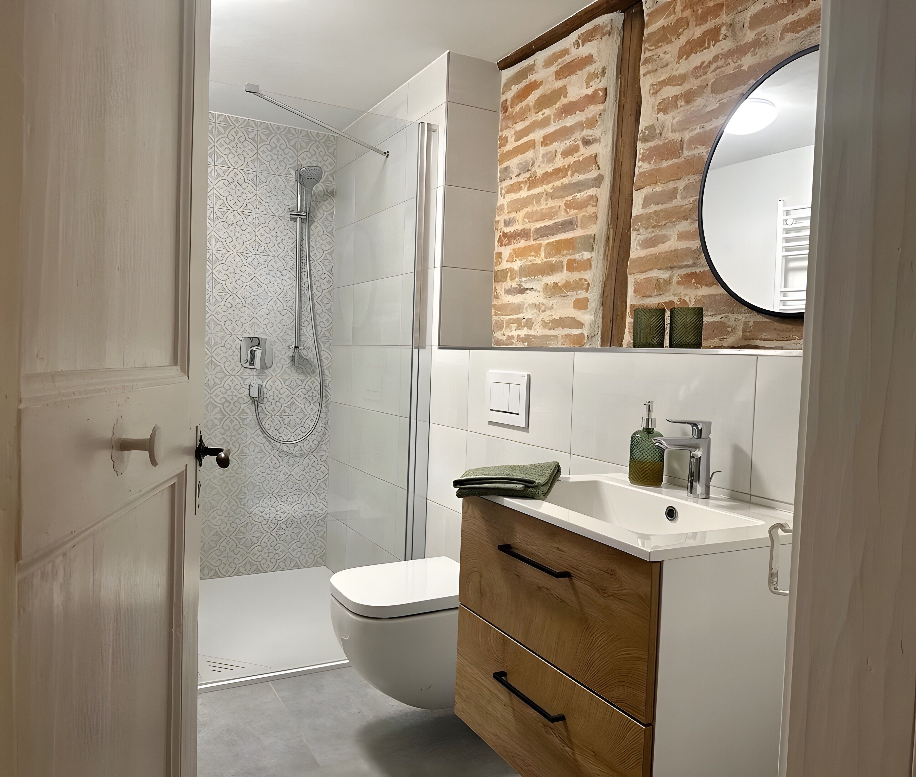 Een badkamer met een douche, toilet en wastafel met spiegel.