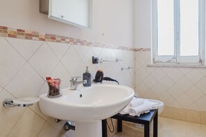 Douche, séchoir à cheveux, serviettes fournies, savon