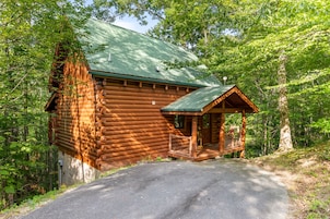 A wooden cabin with a green roof, surrounded by trees.