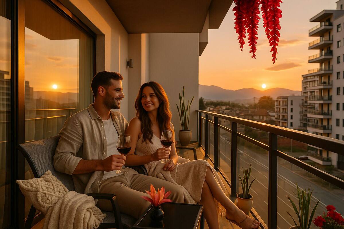 A couple sitting on a balcony with a sunset view, holding wine glasses.