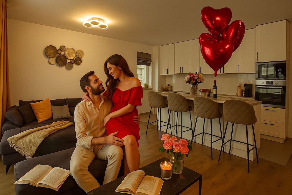A couple sitting on a sofa in a modern living room with a kitchen in the background.