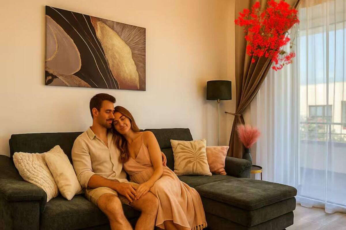 A couple sitting on a dark green sofa with a modern abstract painting above them, a floor lamp, and a vase with red flowers on a side table.