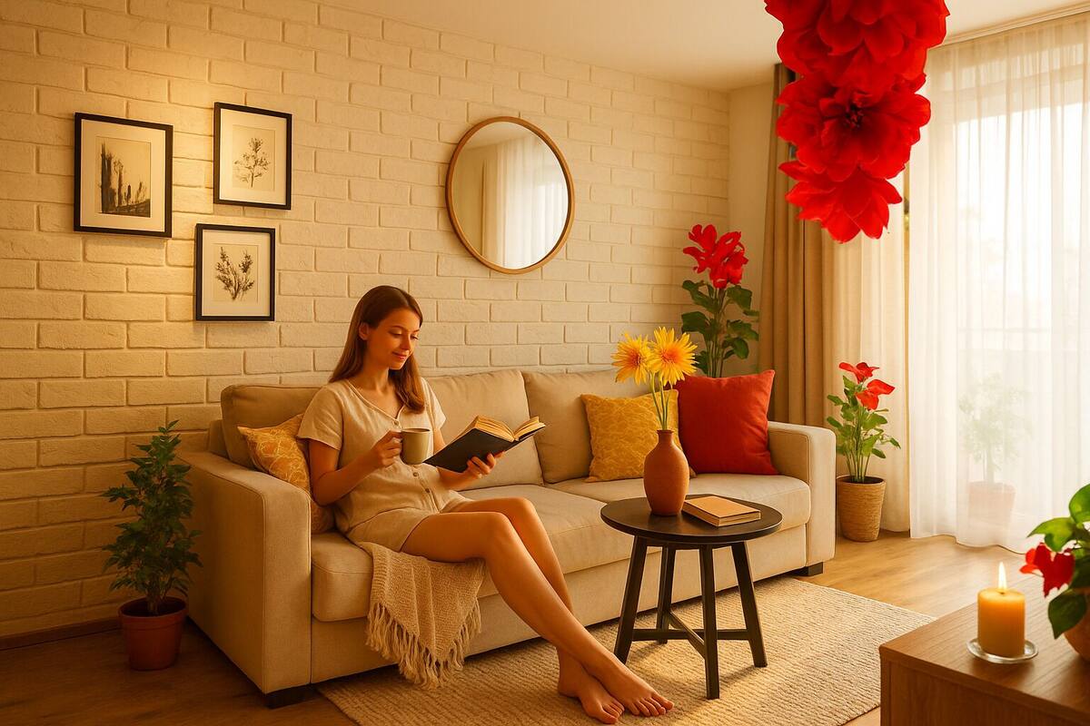 A cozy living room with a sofa, a coffee table, and a large mirror on the wall. There are potted plants and a candle on the table.