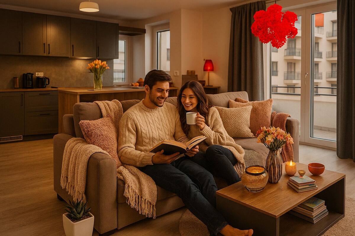 A couple sitting on a sofa in a living room with a coffee table, books, and a vase of flowers.