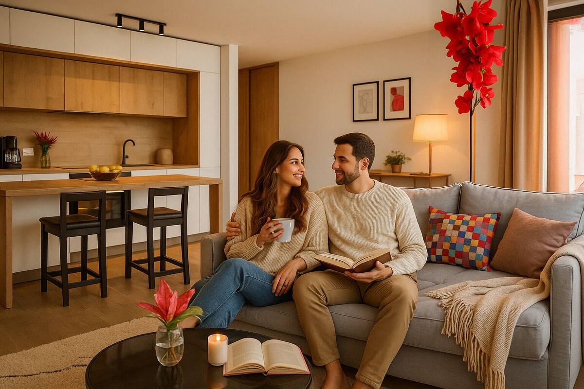 A modern living room with a sofa, a coffee table with a book and a candle, and a kitchen area in the background.