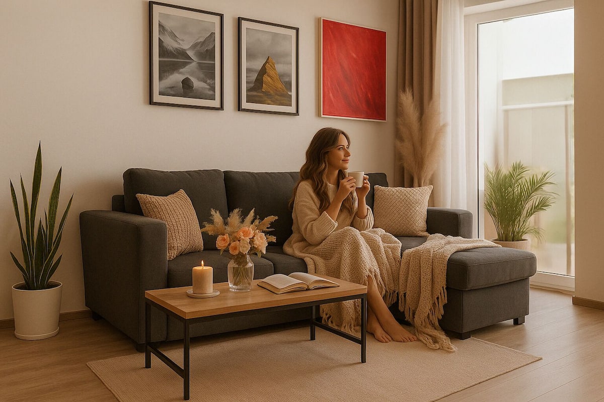 A cozy living room with a sofa, a coffee table with a candle, and a potted plant.
