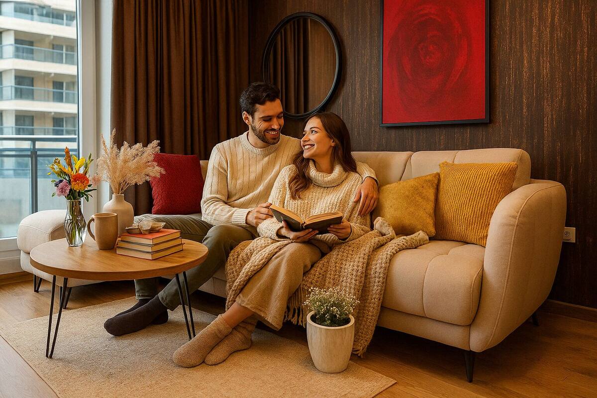 A couple sitting on a beige sofa with a red and yellow pillow, reading a book. There is a small round table with a vase of flowers and a book, and a potted plant on the floor.
