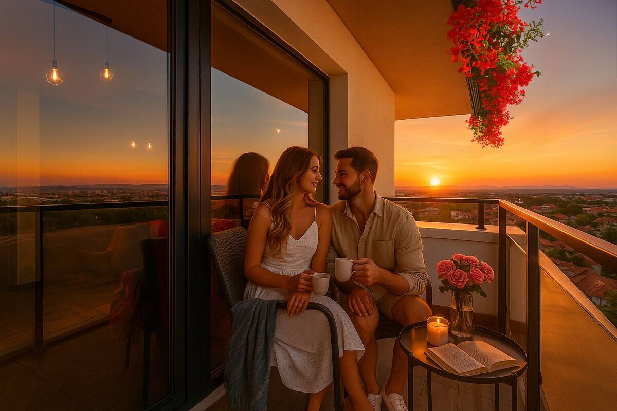A couple sitting on a balcony with a sunset view, a table with a candle, and a vase of flowers.